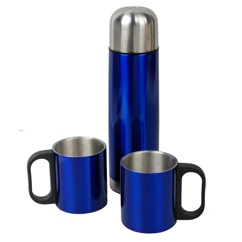 Metalowy termos Picnic 480 ml + 2 kubki, niebieski/srebrny - druga jakość z nadrukiem logo a
