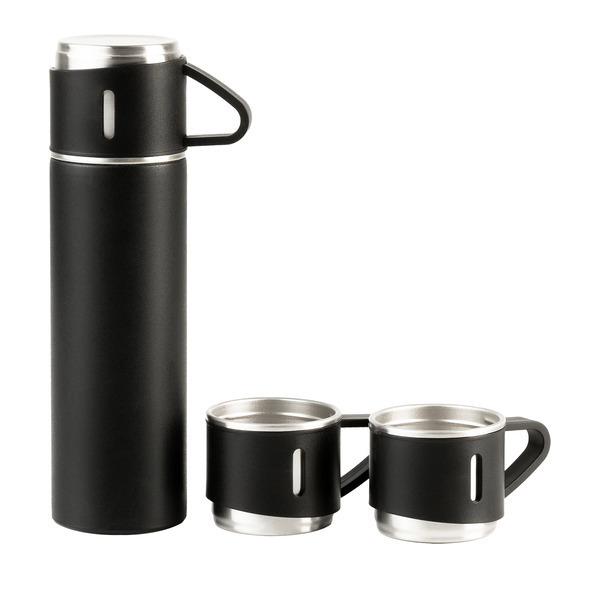 Termos z kubkami Attu 500 ml, czarny z nadrukiem logo c