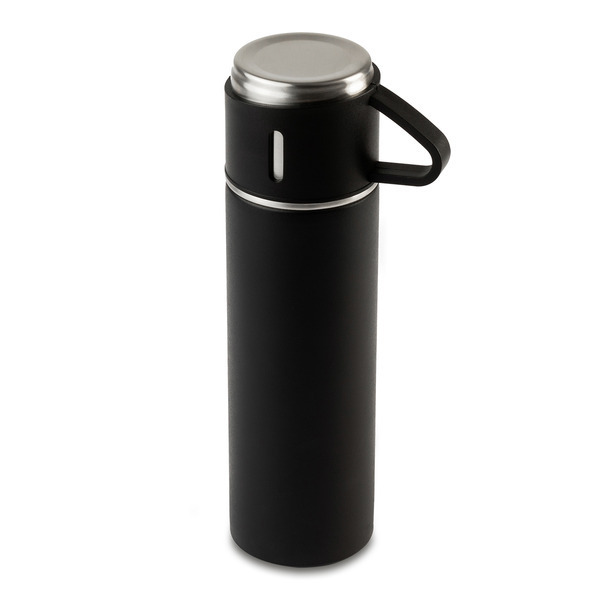 Termos z kubkami Attu 500 ml, czarny z nadrukiem logo e