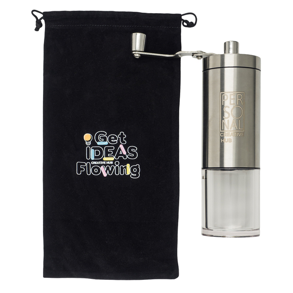 Młynek do kawy Aroma, srebrny z nadrukiem logo d