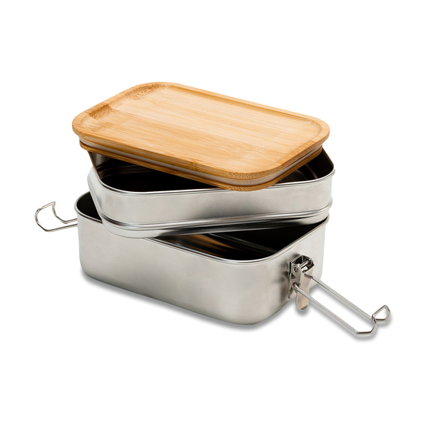 Double lunch box Alcora 1100 ml, srebrny z nadrukiem logo - zdjęcie produktu