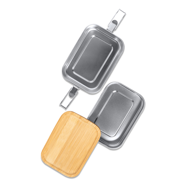 Double lunch box Alcora 1100 ml, srebrny z nadrukiem logo a