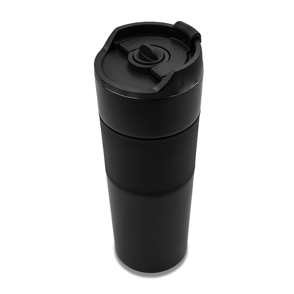 Kubek termiczny z french press Aspet 450 ml, czarny z nadrukiem logo b