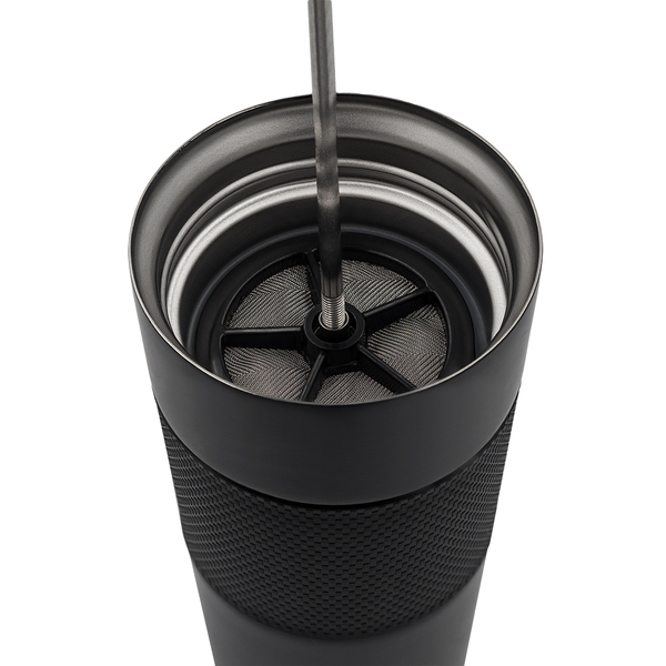 Kubek termiczny z french press Aspet 450 ml, czarny z nadrukiem logo d