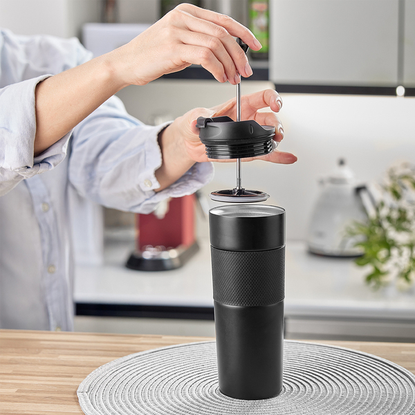 Kubek termiczny z french press Aspet 450 ml, czarny z nadrukiem logo e
