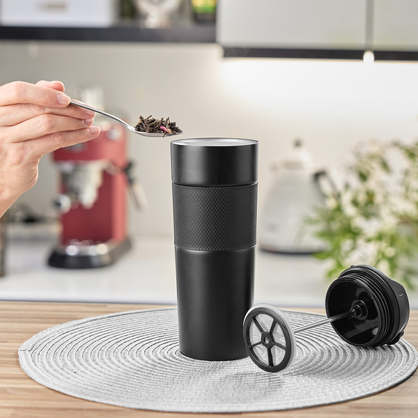 Kubek termiczny z french press Aspet 450 ml, czarny z nadrukiem logo f