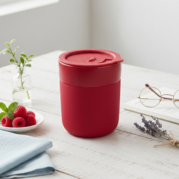 Kubek ceramiczny Caldo 370 ml, czerwony z nadrukiem logo f