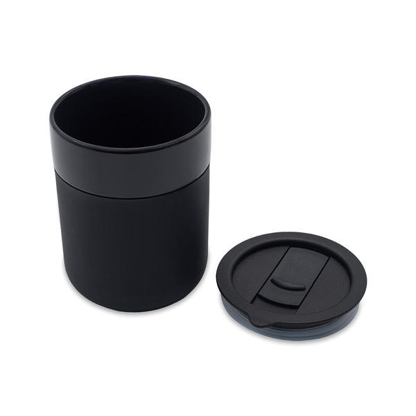 Kubek ceramiczny Caldo 370 ml, czarny z nadrukiem logo e