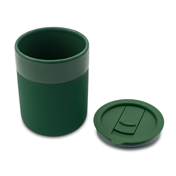 Kubek ceramiczny Caldo 370 ml, ciemny zielony z nadrukiem logo e