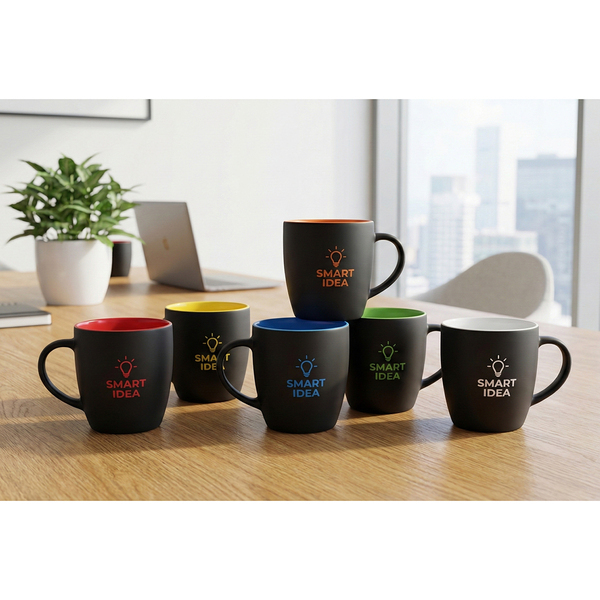 Kubek ceramiczny Esla 345 ml, czarny z nadrukiem logo e