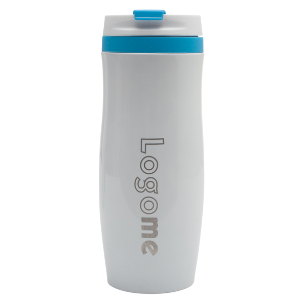Kubek termiczny Viki 390 ml, niebieski/biały z nadrukiem logo e