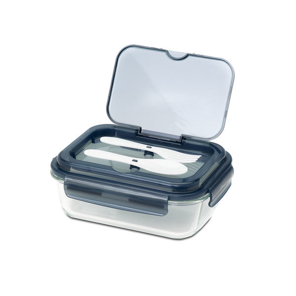 Szklany lunch box ze sztućcami Lagos 1000 ml, czarny z nadrukiem logo - zdjęcie produktu