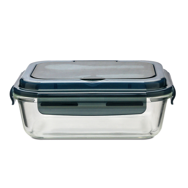 Szklany lunch box ze sztućcami Lagos 1000 ml, czarny z nadrukiem logo a