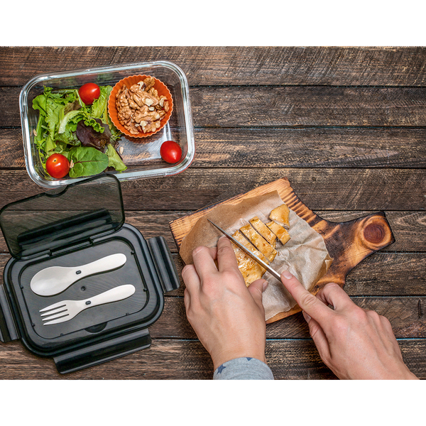 Szklany lunch box ze sztućcami Lagos 1000 ml, czarny z nadrukiem logo b