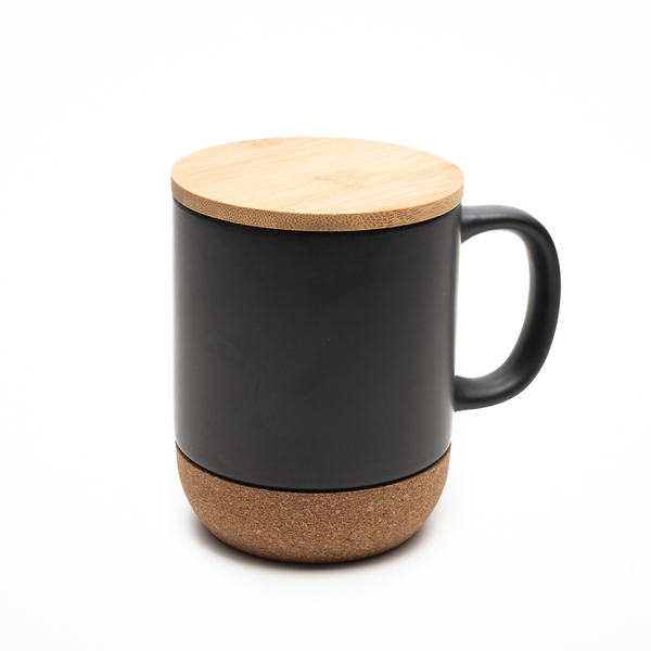 Kubek ceramiczny z bambusową przykrywką Giulia, czarny z nadrukiem logo a