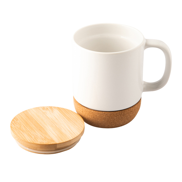 Kubek ceramiczny z bambusową przykrywką Giulia, biały z nadrukiem logo b