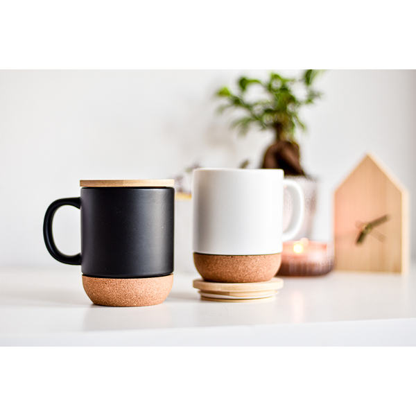 Kubek ceramiczny z bambusową przykrywką Giulia, biały z nadrukiem logo f