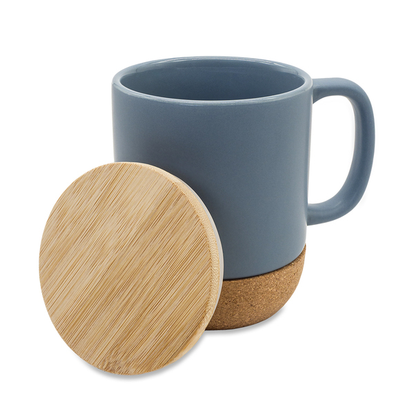 Kubek ceramiczny z bambusową przykrywką Giulia, szary z nadrukiem logo b