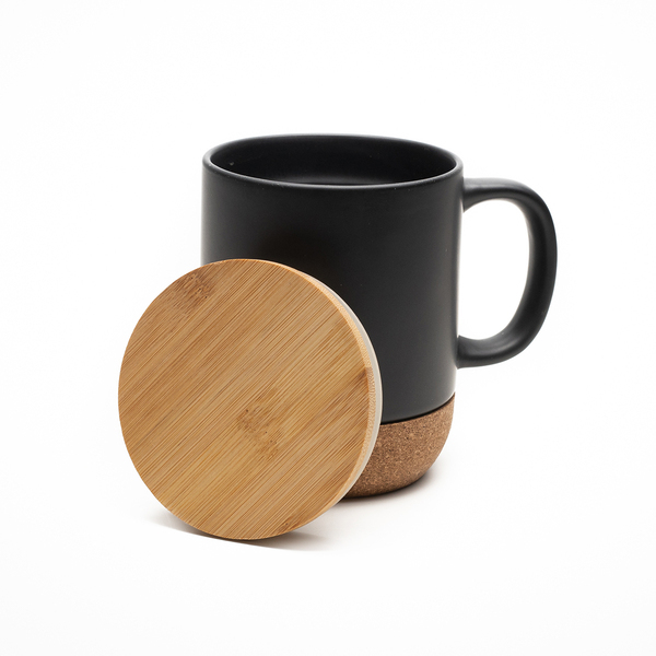 Kubek ceramiczny z bambusową przykrywką Giulia, czarny z nadrukiem logo b
