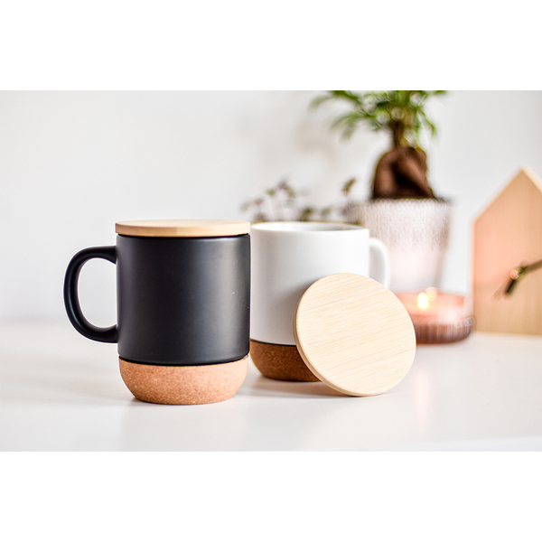 Kubek ceramiczny z bambusową przykrywką Giulia, czarny z nadrukiem logo f