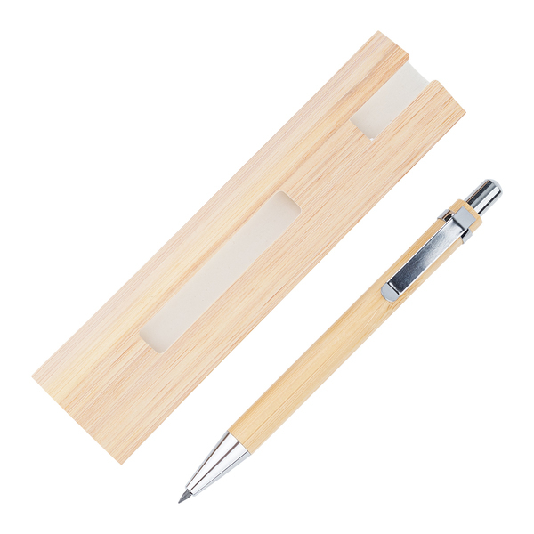 Bambusowy, wieczny długopis/ołówek w etui Lakimus, beżowy z nadrukiem logo c